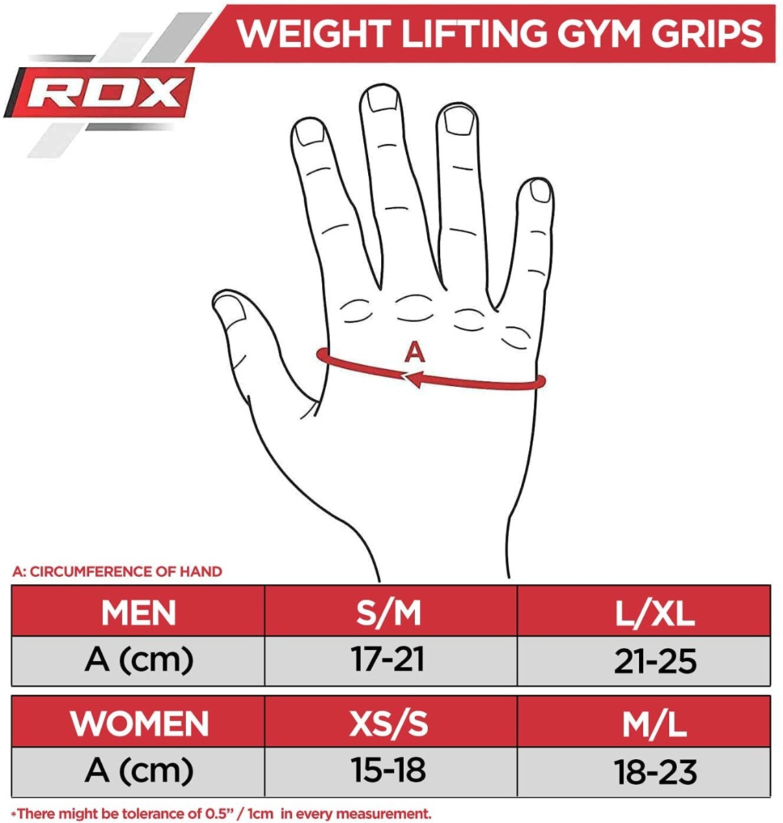 RDX R1 Weightlifting Grip in Pink size chart